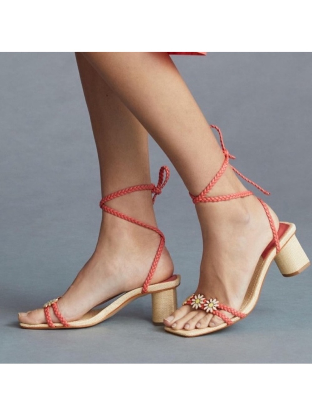 SCHUTZ Pink Braided Floral Block Heel Sandal Daisy Toe strap ankle wrap NIB